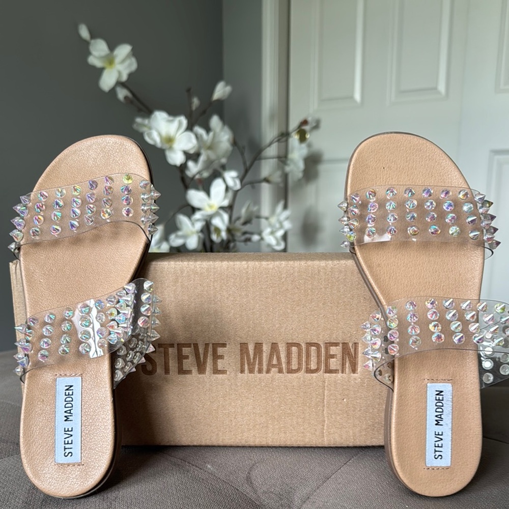 Steve Madden Tan Sandals with Clear Studded Straps